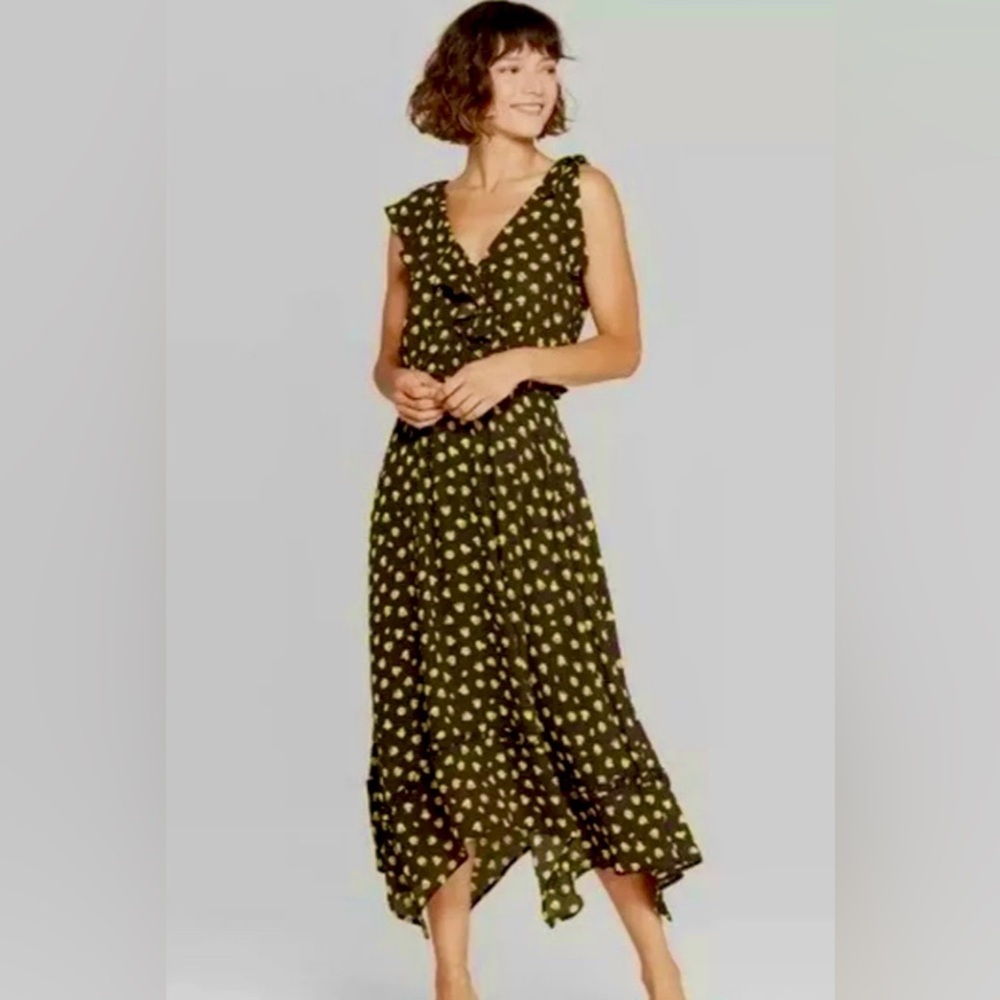 Who What Wear black & yellow tulip floral print dress, sleeveless midi EUC Small
